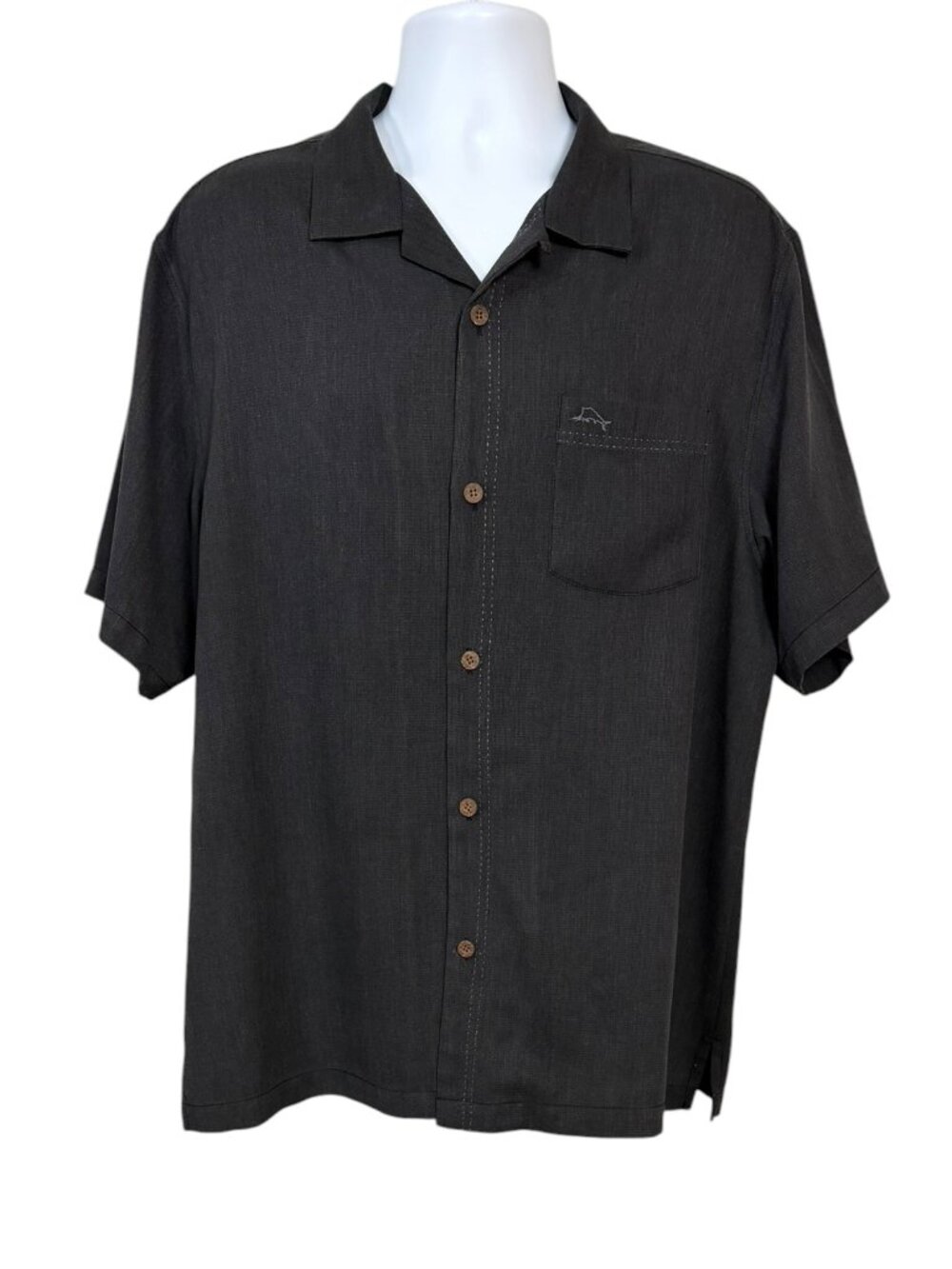 Tommy Bahama IslandZone Silk Blend Camp Shirt Men's L Charcoal Gray Marlin Logo